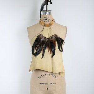 70s Vintage Leather Halter Top with Beads & Feather Boho Hippie Hippy Festival